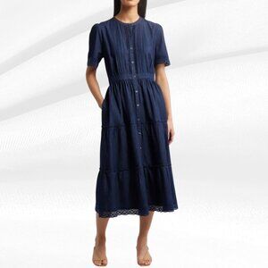 Caslon Front Button Tiered Midi Dress Lace Trim Denim Navy L + Leather Belt
